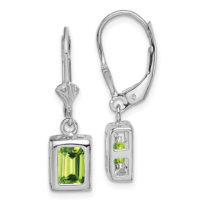 Sterling Silver Rhodium Plated 7X5 Emerald Cut Peridot Leverback Earrings