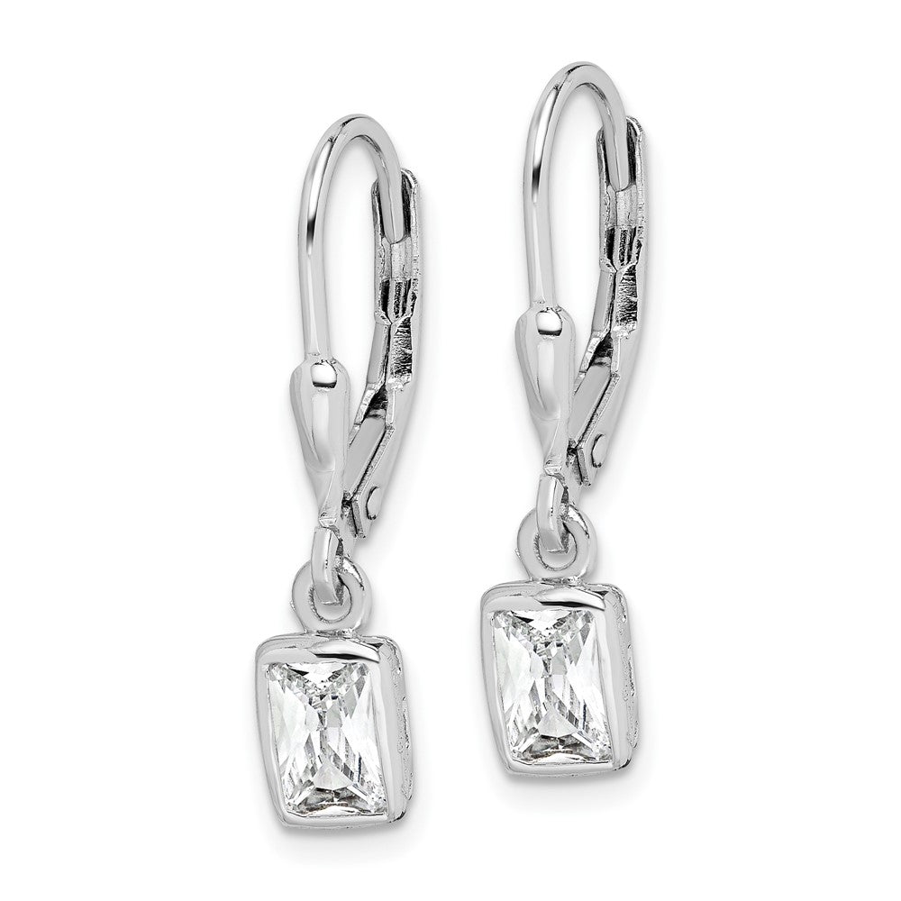 Sterling Silver Rhodium-Plated Emerald-Cut 6X4mm Cz Leverback Earrings