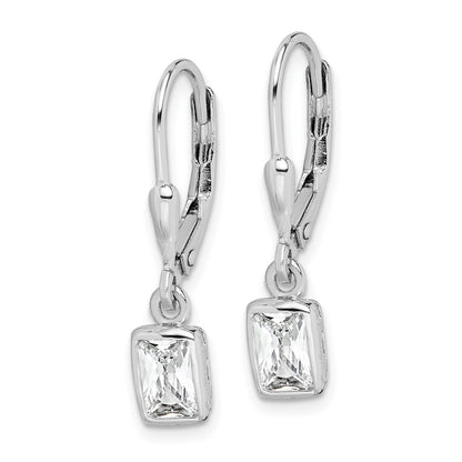 Sterling Silver Rhodium-Plated Emerald-Cut 6X4mm Cz Leverback Earrings