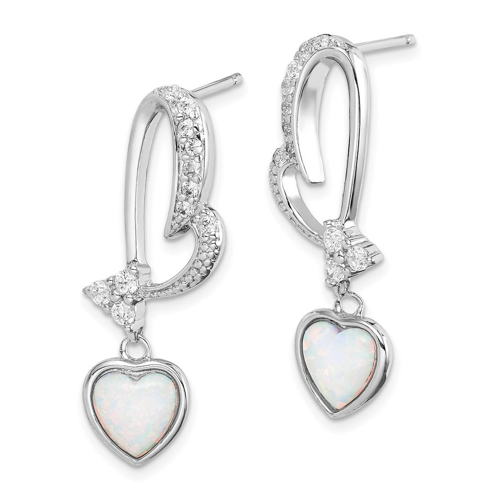 Sterling Silver Rhodium Plated Created Opal And Cz Heart Earrings