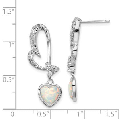 Sterling Silver Rhodium Plated Created Opal And Cz Heart Earrings