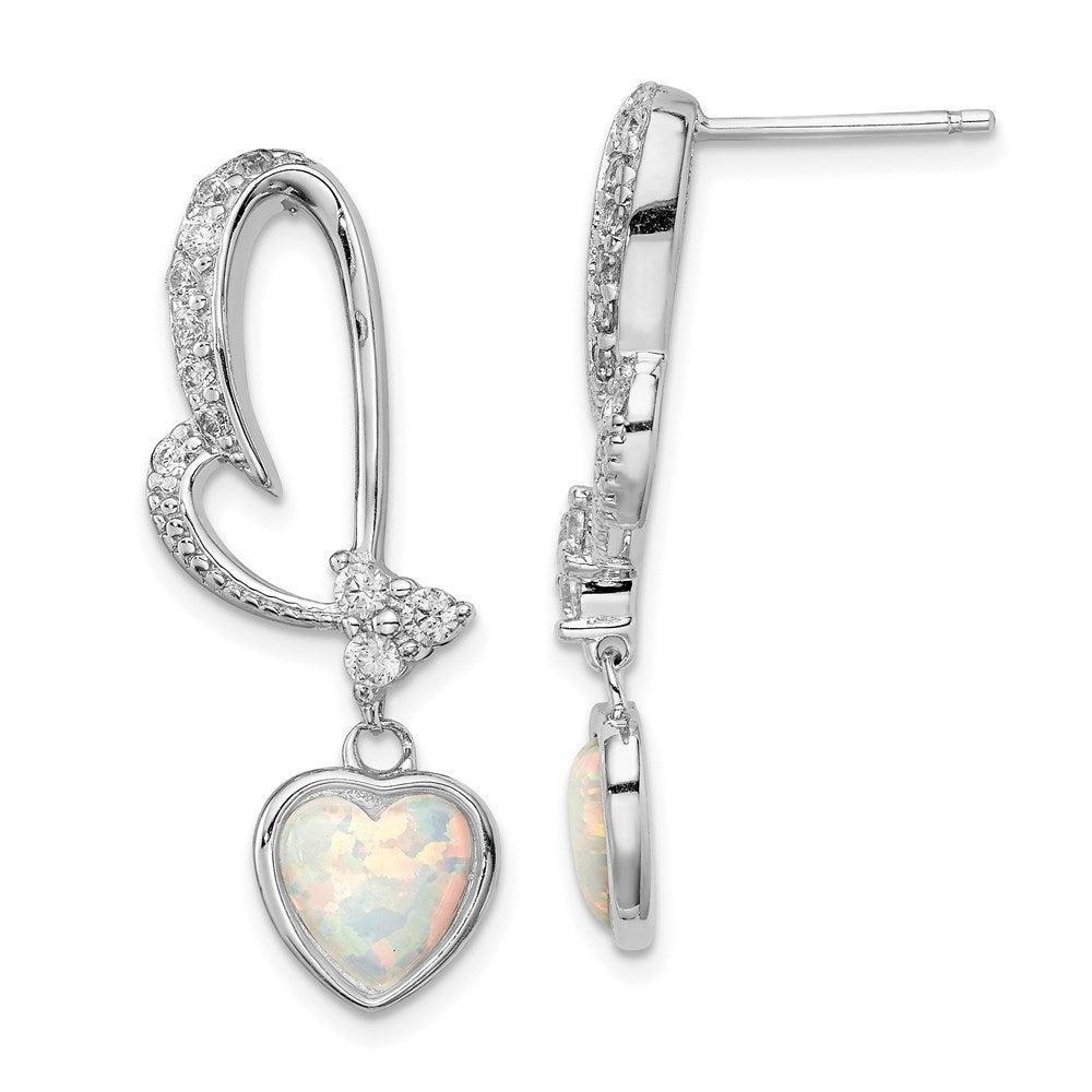 Sterling Silver Rhodium Plated Created Opal And Cz Heart Earrings