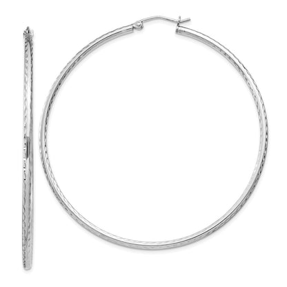 Sterling Silver Rhodium-Plated 2mm Diamond Cut Hoop Earrings