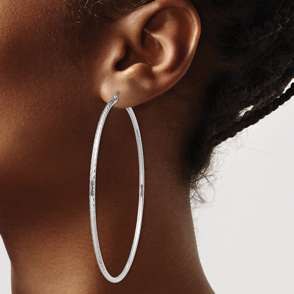 Sterling Silver Rhodium-Plated 2mm Diamond Cut Hoop Earrings