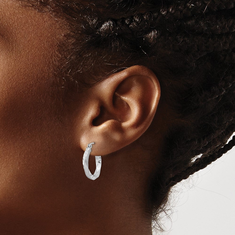 Sterling Silver Rhod-Plated Satin Diamond-Cut Twisted 3X18mm Hoop Earrings