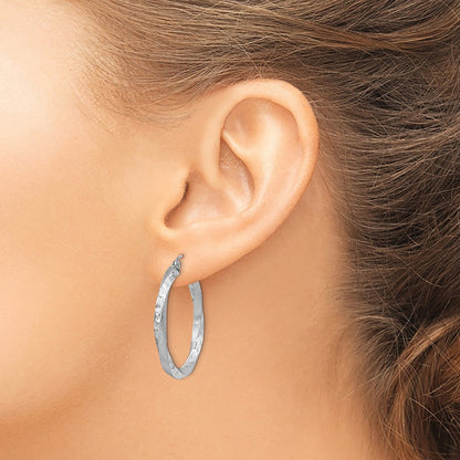 Sterling Silver Rhod-Plated Satin Diamond-Cut Twisted 3X30mm Hoop Earrings