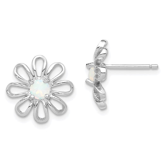 Sterling Silver Rhodium-Plated Created Opal Daisy Post Earrings