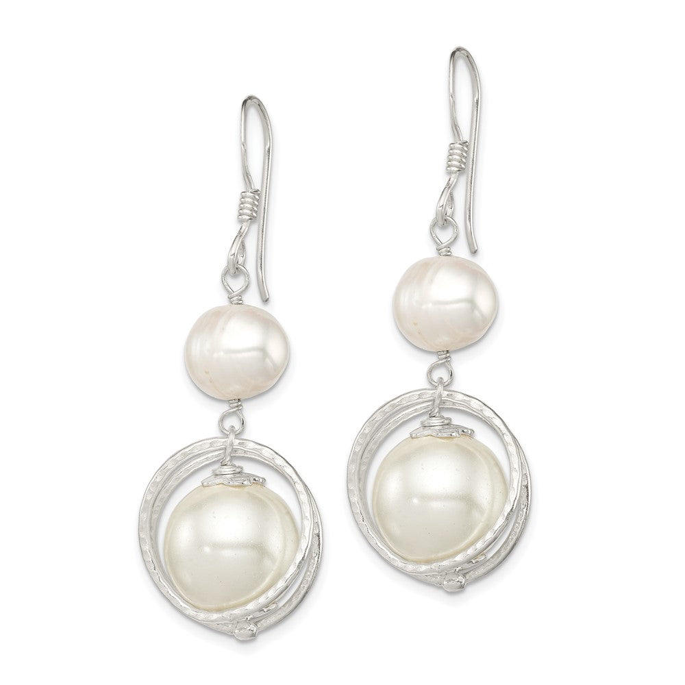 Sterling Silver Polished & Textured White 8-9mm Freshwater Cultured Pearl 11-12mm Shell Dangle Earrings