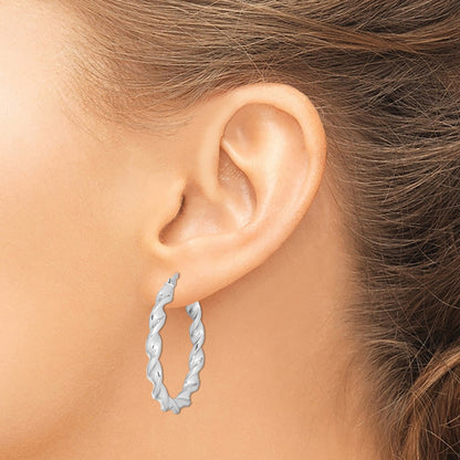 Sterling Silver Rhodium Plated Twisted 3.5X35mm Hoop Earrings