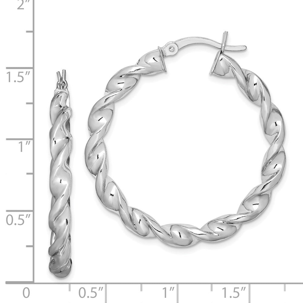 Sterling Silver Rhodium Plated Twisted 3.5X35mm Hoop Earrings
