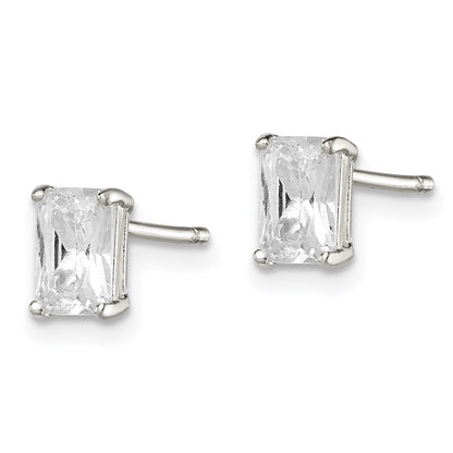 Sterling Silver Polished Emerald-Cut 6X4mm Basket Set Cz Stud Earrings