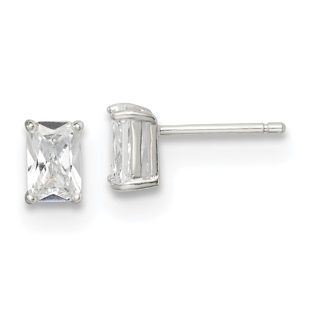 Sterling Silver Polished Emerald-Cut 6X4mm Basket Set Cz Stud Earrings