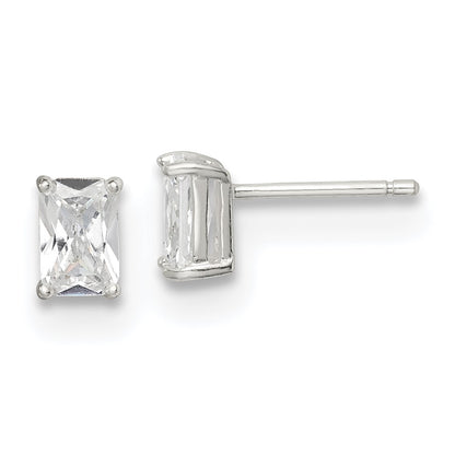 Sterling Silver Polished Emerald-Cut 6X4mm Basket Set Cz Stud Earrings