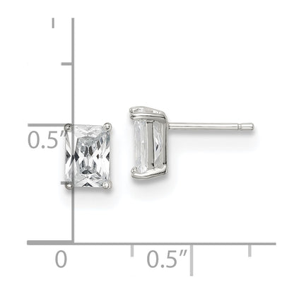 Sterling Silver Polished Emerald-Cut 7X5mm Basket Set Cz Stud Earrings
