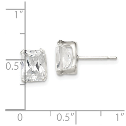 Sterling Silver Polished Emerald-Cut 8X6mm Basket Set Cz Stud Earrings