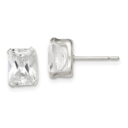 Sterling Silver Polished Emerald-Cut 8X6mm Basket Set Cz Stud Earrings