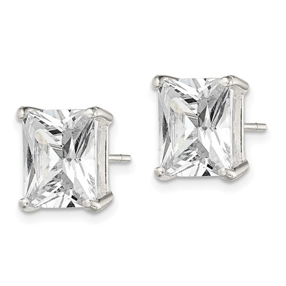 Sterling Silver Polished Emerald-Cut 10X8mm Basket Set Cz Stud Earrings