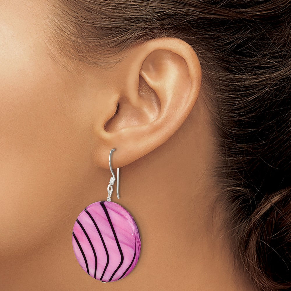 Sterling Silver Polished Pink & Black Mother Of Pearl Disc Dangle Earrings
