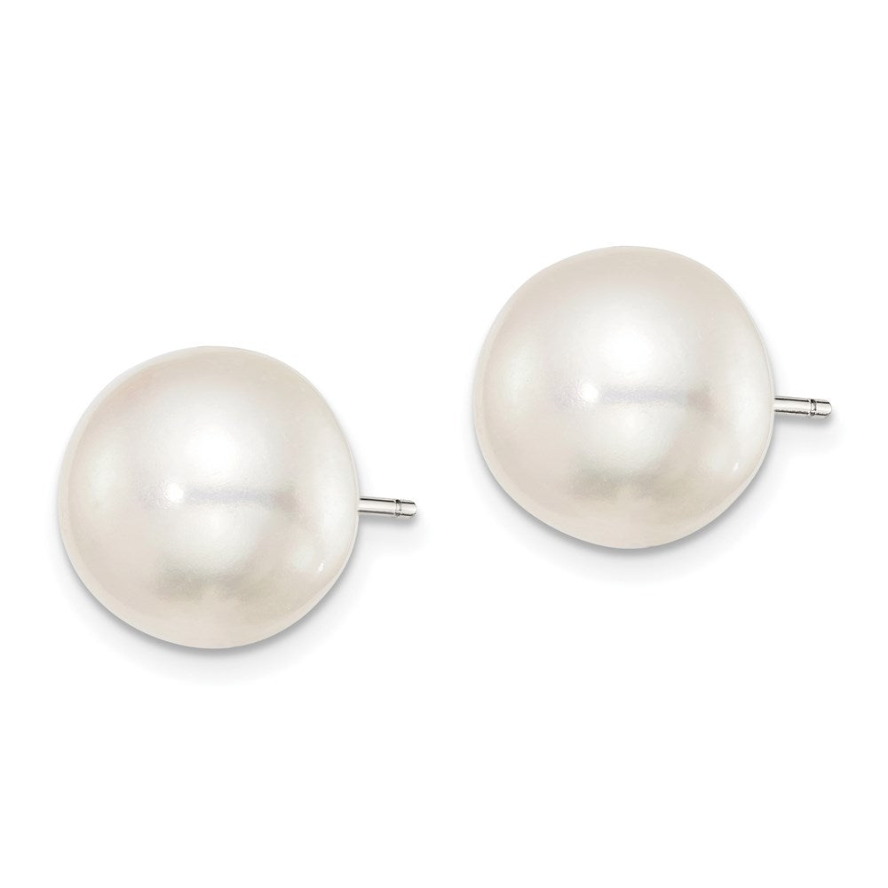 Sterling Silver Rh-Plated 11-12mm White Fwc Button Pearl Earrings