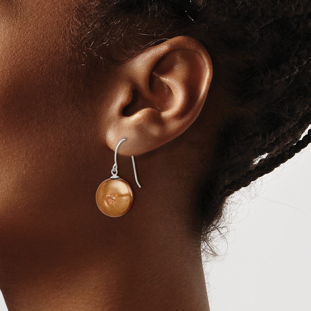 Sterling Silver Polished Brown 13-14mm Fwc Coin Pearl Dangle Earrings