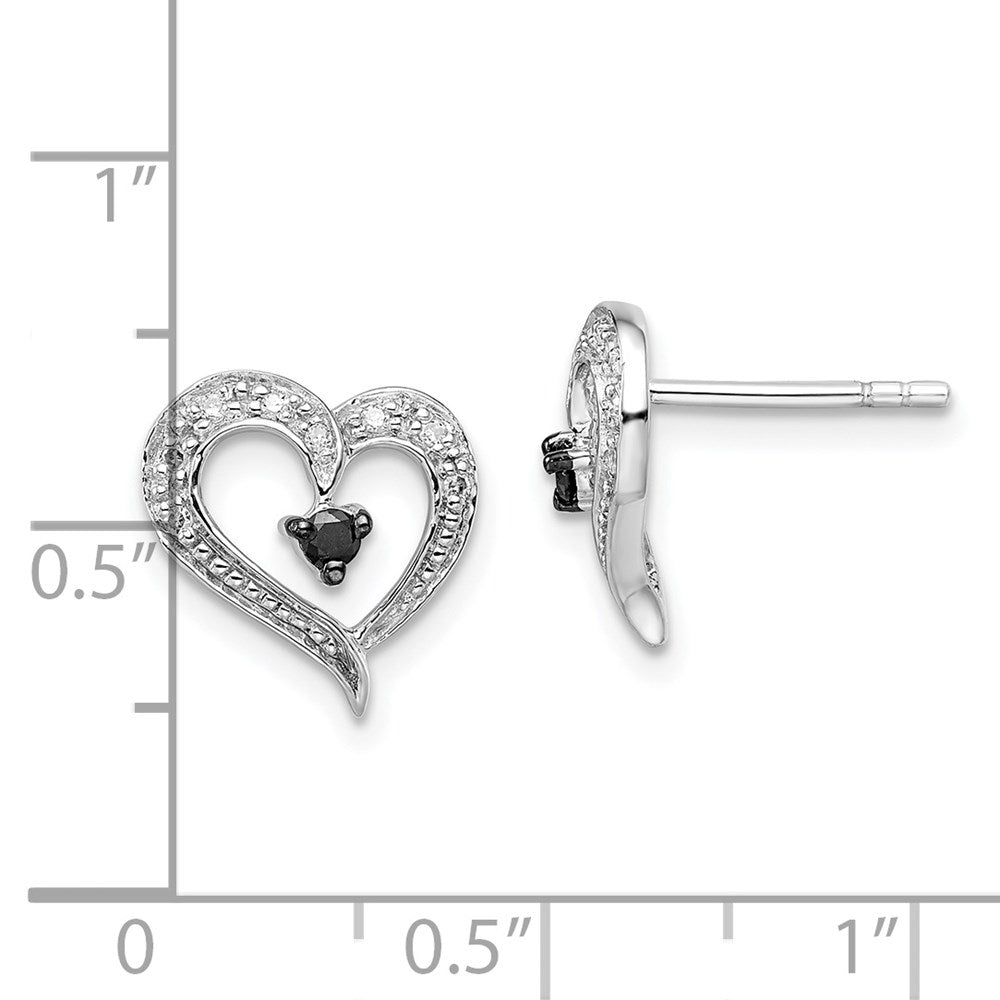 Sterling Silver White Night Rhodium-Plated Black And Diamond Heart Post Earrings