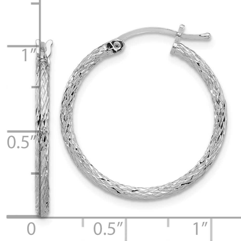 Sterling Silver Rhodium Plated Diamond-Cut 2X25mm Hoop Earrings