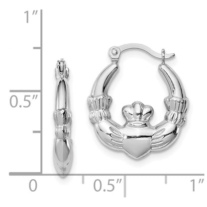 Sterling Silver Rhodium-Lated Claddagh Hollow Round Hoop Earrings