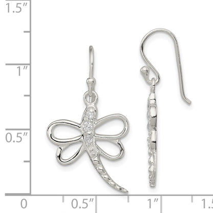 Sterling Silver Cz Dragonfly Shepherd Hook Earrings