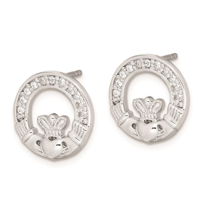 Sterling Silver Rhodium Plated Cz Claddagh Post Earrings