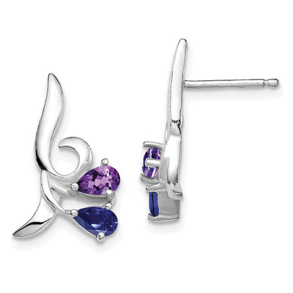 Sterling Silver Rhodium Plated Polished Amethyst And Iolite Post Earrings