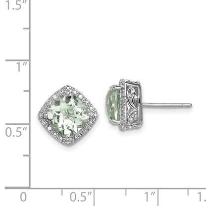 Sterling Silver Rhodium-Plated Green Quartz And Diamond Earrings