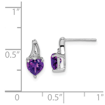 Sterling Silver Rhodium Plated Diamond And Amethyst Heart Post Earrings