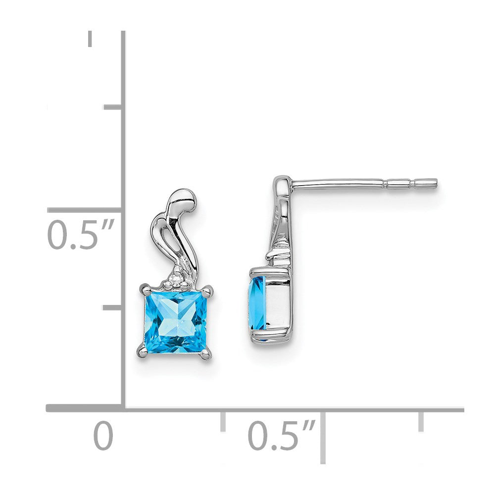 Sterling Silver Rhodium Plated Diamond And Blue Topaz Square Earrings