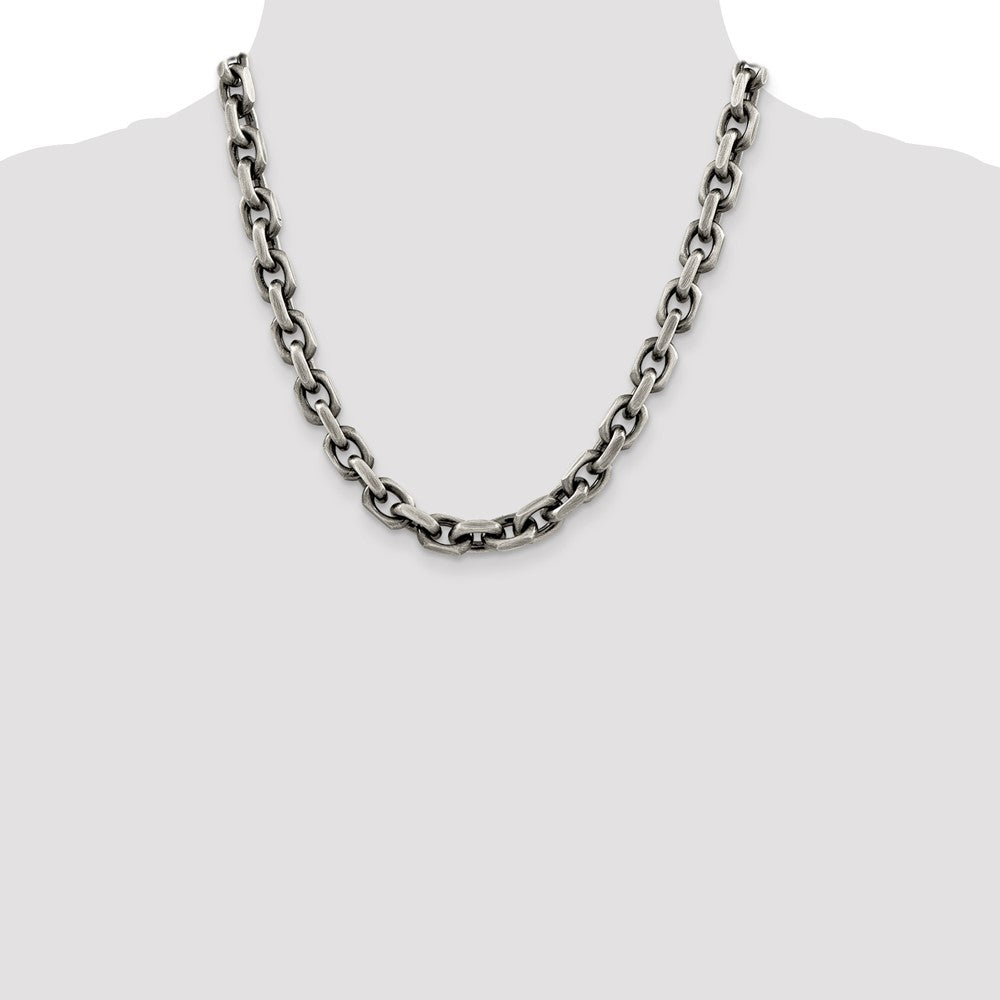 Sterling Silver Antiqued 8.6mm D/C Elongated Open Link Chain Necklace