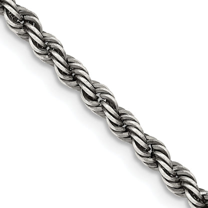 26 Inch Sterling Silver Ruthenium-Plated 3.4mm Rope Chain Necklace
