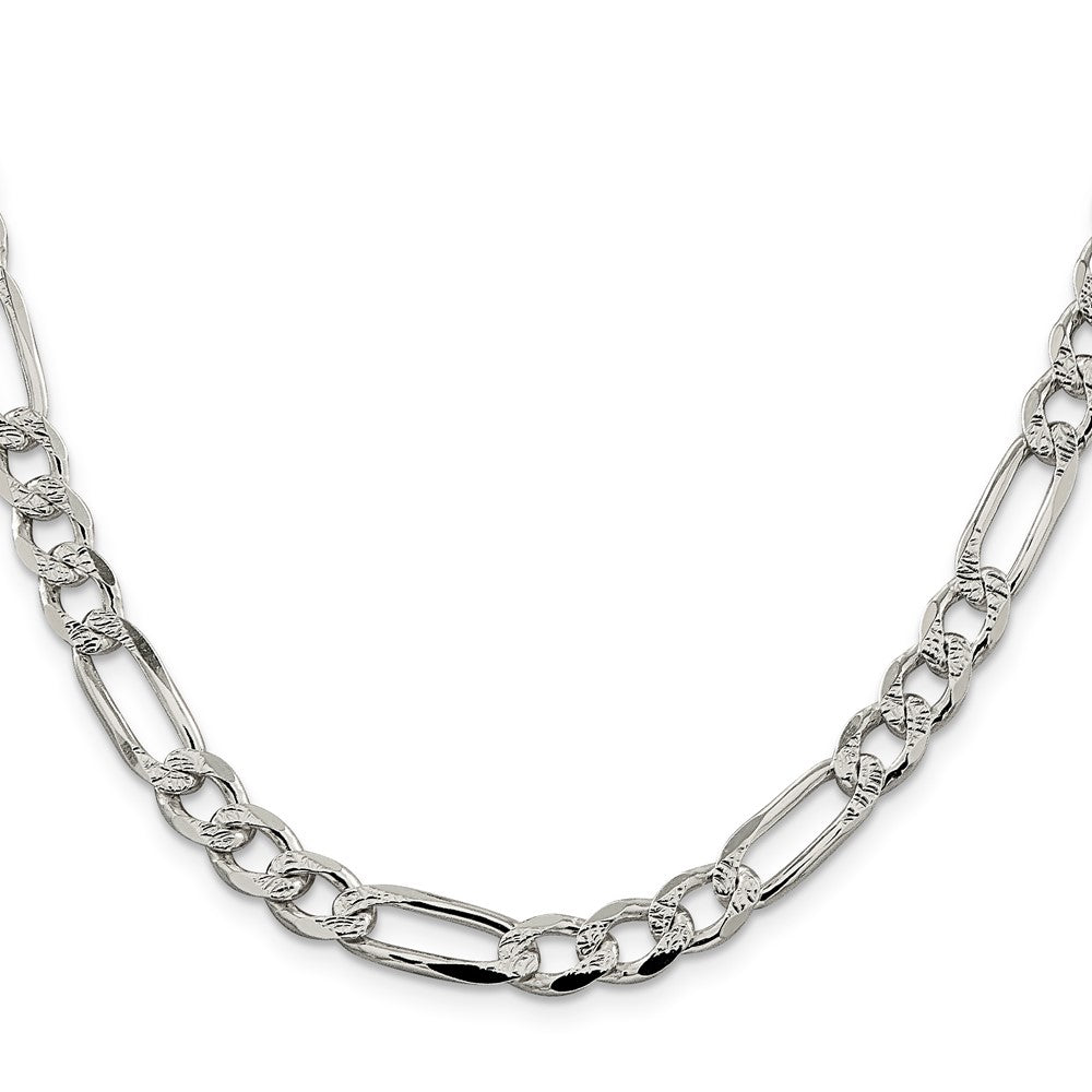 Sterling Silver 7.25mm Pav Flat Figaro Chain Necklace