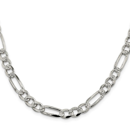 Sterling Silver 7.25mm Pav Flat Figaro Chain Necklace