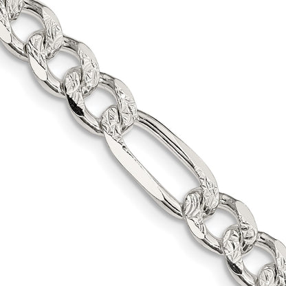 Sterling Silver 7.25mm Pav Flat Figaro Chain Necklace