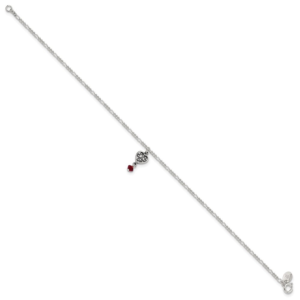 Sterling Silver Dark Pink Crystal Dangling Antiqued Heart 10 Inch Anklet