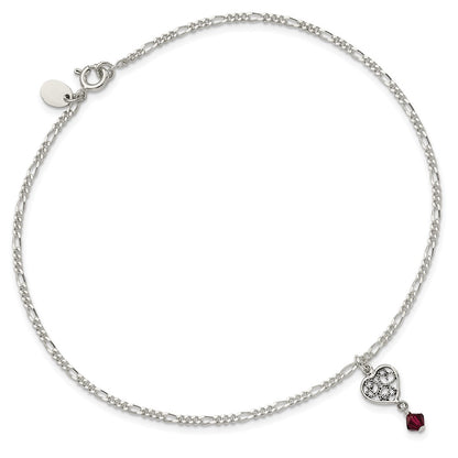 Sterling Silver Dark Pink Crystal Dangling Antiqued Heart 10 Inch Anklet