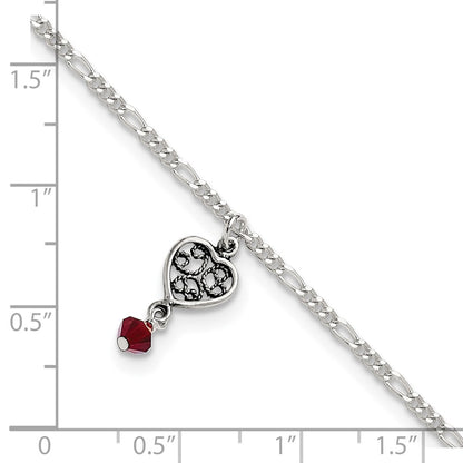 Sterling Silver Dark Pink Crystal Dangling Antiqued Heart 10 Inch Anklet