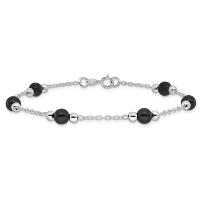 Sterling Silver Rhodium-Plated 9Inch Polished Onyx Anklet