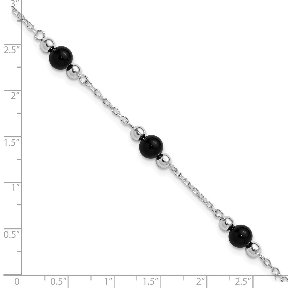 Sterling Silver Rhodium-Plated 9Inch Polished Onyx Anklet