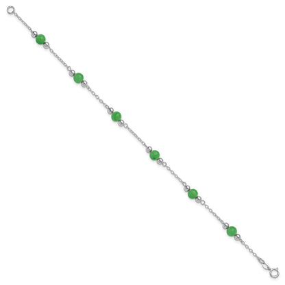 Sterling Silver Rhodium-Plated 9Inch Polished Green Jade Anklet