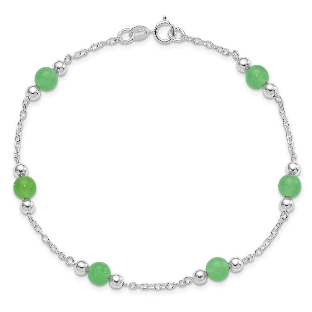 Sterling Silver Rhodium-Plated 9Inch Polished Green Jade Anklet