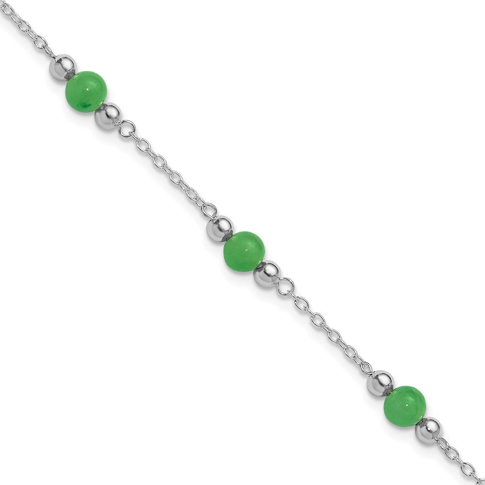 Sterling Silver Rhodium-Plated 9Inch Polished Green Jade Anklet