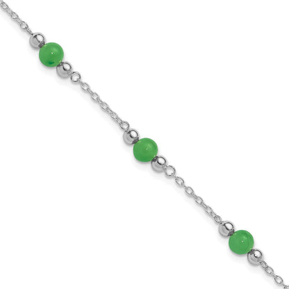 Sterling Silver Rhodium-Plated 9Inch Polished Green Jade Anklet