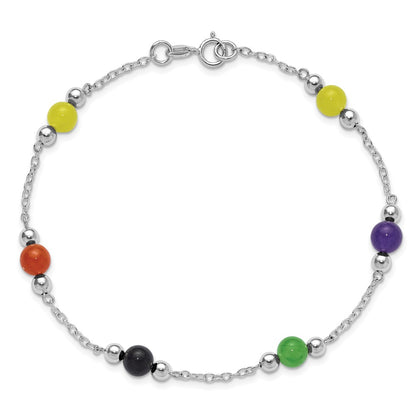 Sterling Silver Rhodium-Plated 9Inch Polished Multi-Color Jade Anklet