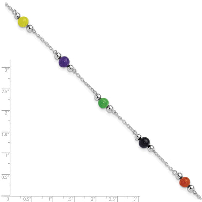 Sterling Silver Rhodium-Plated 9Inch Polished Multi-Color Jade Anklet