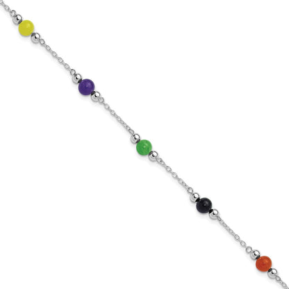 Sterling Silver Rhodium-Plated 9Inch Polished Multi-Color Jade Anklet